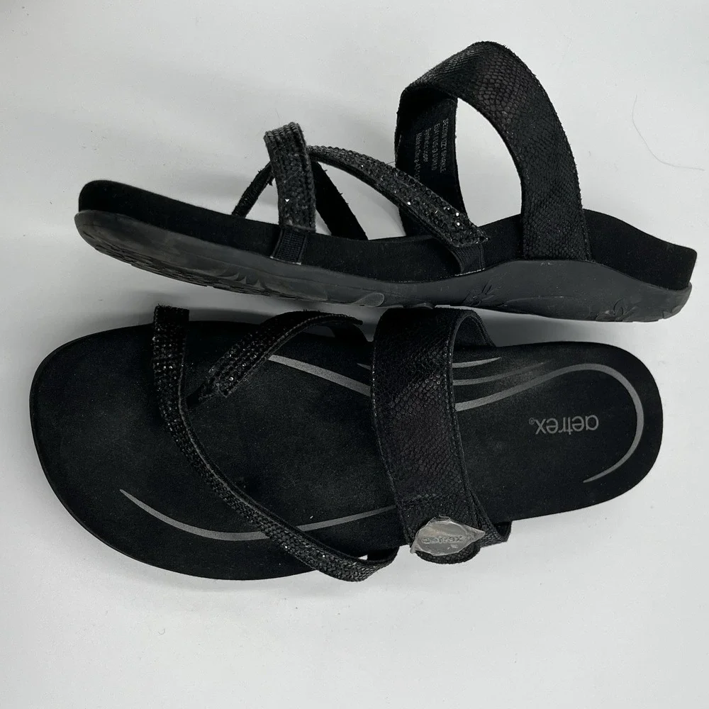 Aetrex Izzy Sparkle Sandals Women's  10 Black Rhinestone Orthotic Comfort Summer